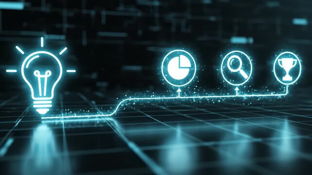 Neon light bulb idea innovation pipeline leading to analytics magnifier chart trophy achievement glowing icon connected by sparkling path to circular pie chart dark grid futuristic concept of idea to
