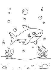 cute shark coloring page for kids with sea plants and bubbles in portrait line art