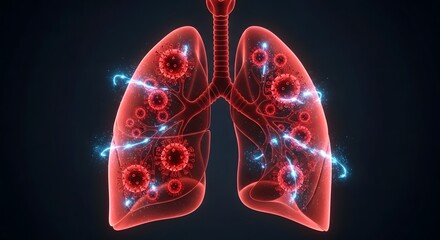 3D illustration of the human respiratory system with microscopic virus particles in the lungs, representing viral pneumonia, respiratory infection, and medical research in disease prevention