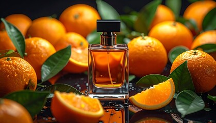 Perfume bottle centered amid oranges and green leaves on a glossy black surface with subtle droplets