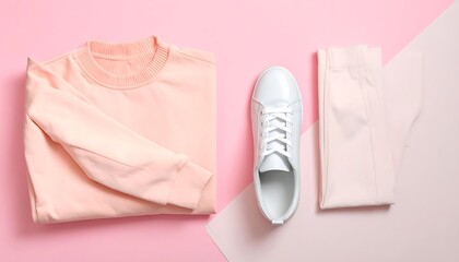 Peach sweatshirt, white sneaker, folded pants on pink background. Fashion and lifestyle still life