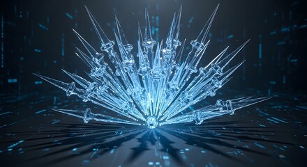 A futuristic 3D rendering of glowing blue glass spikes and sharp crystal shards emerging from a central core, representing cybersecurity, data protection, and technology