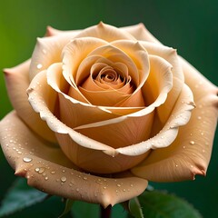 Peach rose in full bloom, close-up, with water droplets, soft light, and a blurred, green background