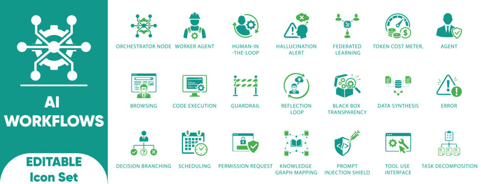 AI workflows and agents icons set. Features orchestrator, agent, guardrail, and token symbols. Ideal for AI development, SaaS UI, and automation.