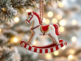 A charming white rocking horse Christmas ornament with red stripes and accents, hanging on a frosted Christmas tree branch with warm golden bokeh lights in the background