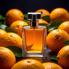 Perfume bottle in a vibrant orange hue, surrounded by oranges and green leaves on a dark surface