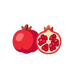 Whole pomegranate with cut half, fruit icon, isolated flat style vector illustration