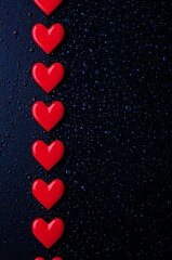 Vertical Line of Red Hearts on Dark Background