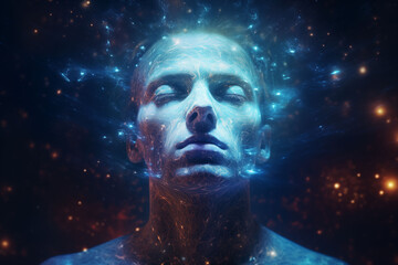 A person with a transparent body reveals galaxies within.