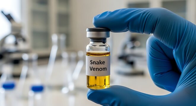 Snake Venom Research - Vial Held by Scientist in Laboratory Setting.