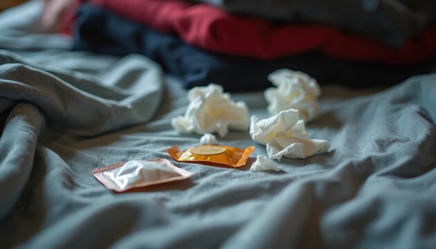 Used condom and crumpled tissues lie on a rumpled bed with clothes in background. Unmade bed represents aftermath of intimate encounter signifying safe sex.