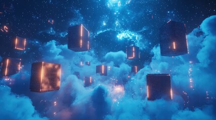 Floating cubes in cosmic digital artwork technology concept illustration