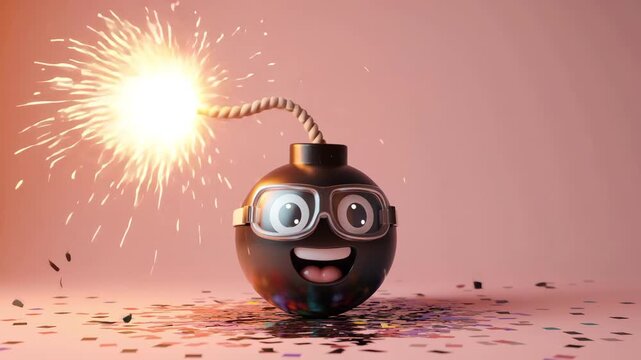 Excited cartoon bomb exploding with colorful fireworks display