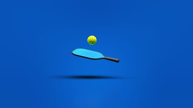 3D render seamless loop featuring pickleball and Paddle elements on a blue background.