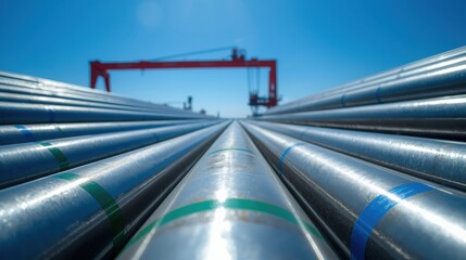 Industrial pipes in rows under crane