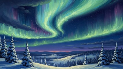 Aurora borealis over snowy hills and evergreen trees at dusk