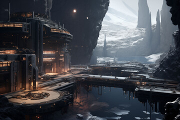 A science fiction city built inside a glowing, hollow asteroid.