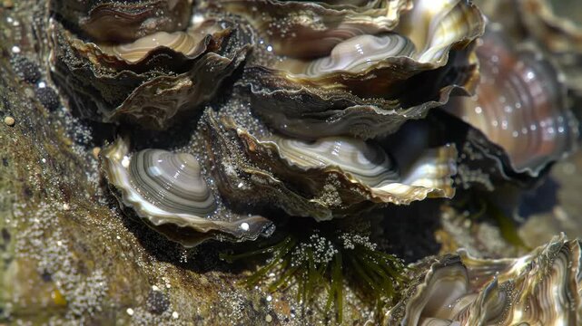 Oyster shells with pearls resting on rocky seabed with sparkle highlights for food use