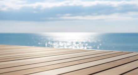 Wooden Deck and Sparkling Ocean Water with Clouds in the Sky wood planks boardwalk