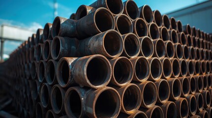 Stacked industrial pipes in warehouse