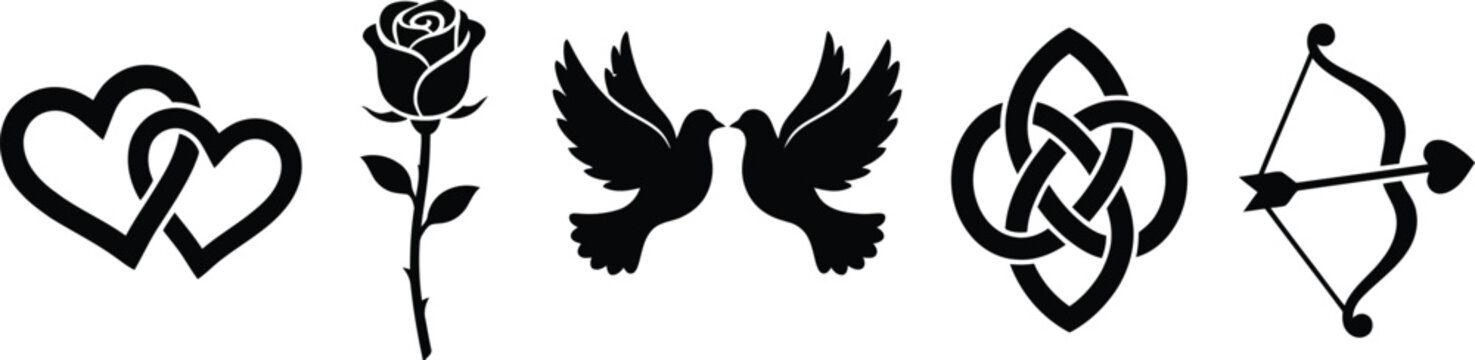 Romantic Silhouette Icon Set: Black Intertwined Hears, Doves, Rose, Celtic Kno, and Cupid's Bow for Weddng and Valentine's Design