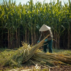 Worker harvesting sugarcane