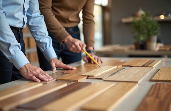 Two men examine wood plank samples for interior home design. They compare different wood types, colors and grain textures. Choosing new flooring for house project with expert advice.