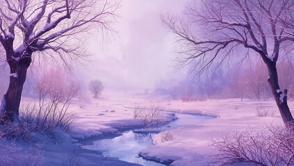 Winter Landscape with Snowy Trees and Frozen River