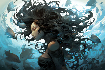 A surreal silhouette that appears to be a woman underwater.