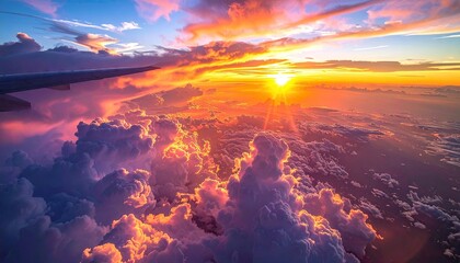 Vibrant sunset viewed from airplane window with dramatic clouds and sun rays illuminating the sky creating a breathtaking aerial panorama