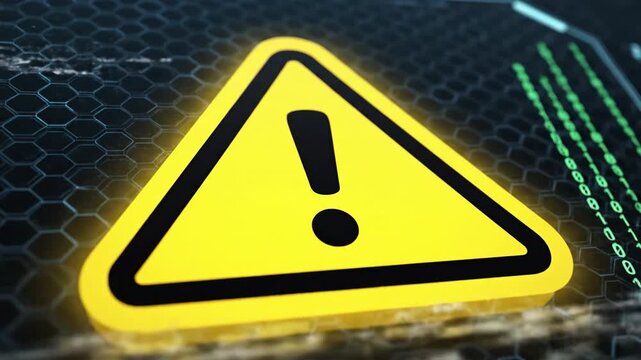 Warning sign caution exclamation triangle hazard alert danger yellow black textured surface hexagon pattern closeup cyber background digital code concept technology security threat signal icon yellow