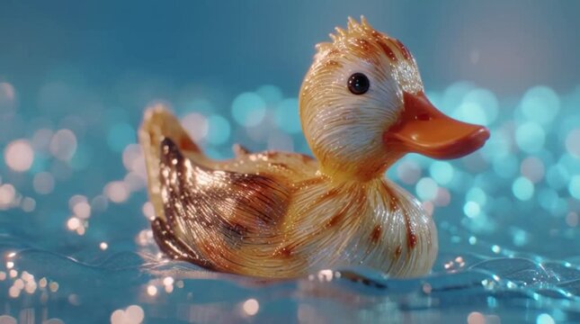 Close-up of a small duckling swimming in sparkling blue water with bokeh lights