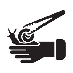 A black and white illustration of a snail riding a saw blade on a hand © NASRIN