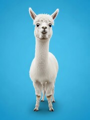 Obraz premium Funny white alpaca on blue background