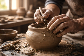 A skilled craftsman's wet hands shape raw clay on a spinning pottery wheel, working with artistic skill to create a ceramic bowl from mud in this handicraft art