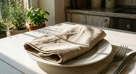 Folded beige linen napkin with kitchen window shadow