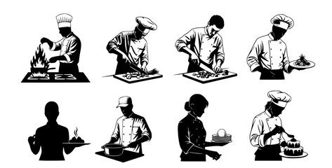Fototapeta premium Dynamic Vector Illustrations Showcasing Professional Chefs Engaged in Diverse Culinary Arts, Performing Essential Kitchen Tasks Like Food Preparation, Cooking, and Plating Dishes with Expertise