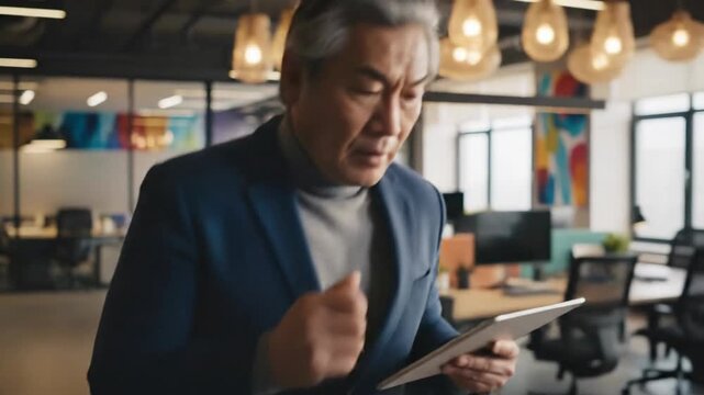 Determined senior Asian businessman reacting intensely to information on a digital tablet, grappling with corporate challenges in a modern office