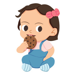 Baby girl sitting and eating cookies vector icon illustration 