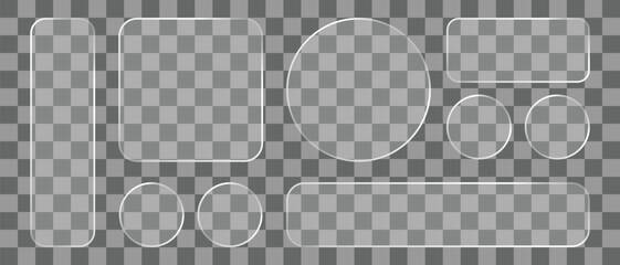 Liquid glass button interface, light frame banner set, glass panel for mobile and web app, realistic tech board frame in futuristic style. HUD element interface with glow effect, vector illustration.