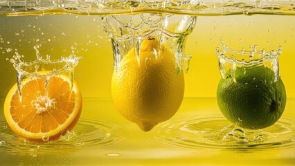 Citrus slices splashing into vibrant yellow liquid, creating crowns of water