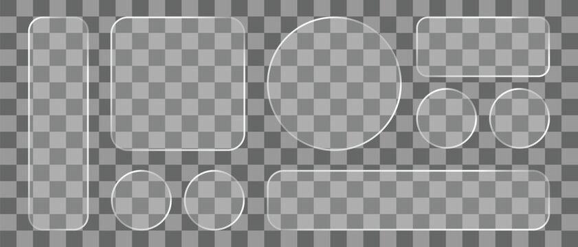 Liquid glass button interface, light frame banner set, glass panel for mobile and web app, realistic tech board frame in futuristic style. HUD element interface with glow effect, vector illustration.