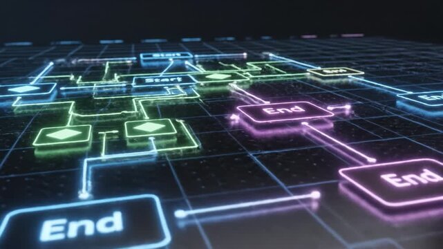 Neon flowchart diagram dark grid showing start decision nodes and end with glowing arrows conveying digital process and futuristic workflow visualization. neon start button dark circuit grid with