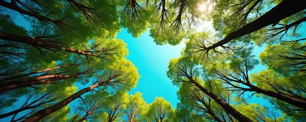 Looking up through tall trees with green leaves toward a bright blue sky. Sun shines through branches creating natural patterns. A peaceful forest canopy scene.