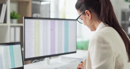 Auditor woman accountant in office reviewing finance. She checks spreadsheet data on computer monitors for analysis, bookkeeping, reporting and compliance. Clear finance audit concept theme.