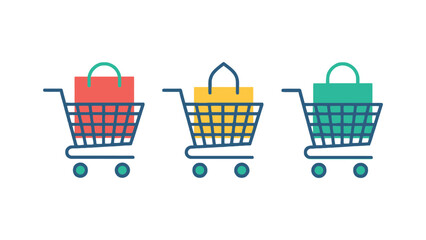 Three shopping carts with colorful bags are displayed on a white background.