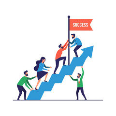 Fototapeta premium Vibrant 2D vector illustration: Four colleagues collaborate to construct the final segment of a steep upward growth chart leading to a success flag, symbolizing teamwork and achievement.