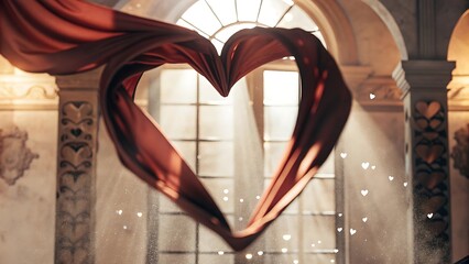 Romantic red fabric forms a heart shape in a sunlit arched window