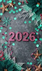 Glittery pink "2026" numbers are surrounded by pine branches, berries, golden stars, ribbons, snowflakes, and teal confetti on a dark textured background