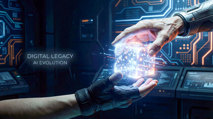 Abstract technology concept elderly hand giving glowing digital pixel seed to young hand artificial intelligence data knowledge transfer future innovation cyber space background copy space